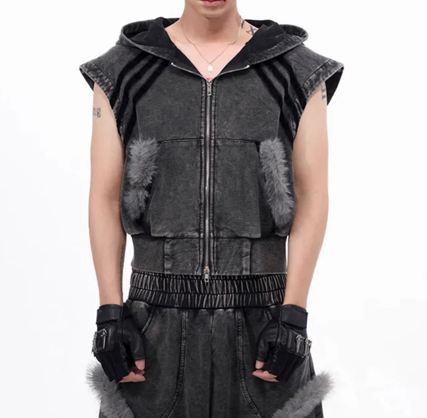Stitching fur washed sleeveless hooded vest for teenagers in black and gray, front view with zipper