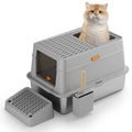 Grey fully enclosed cat toilet with pedal and stainless steel dustbin, large size for indoor cats