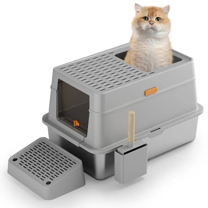 Grey fully enclosed cat toilet with pedal and stainless steel dustbin, large size for indoor cats