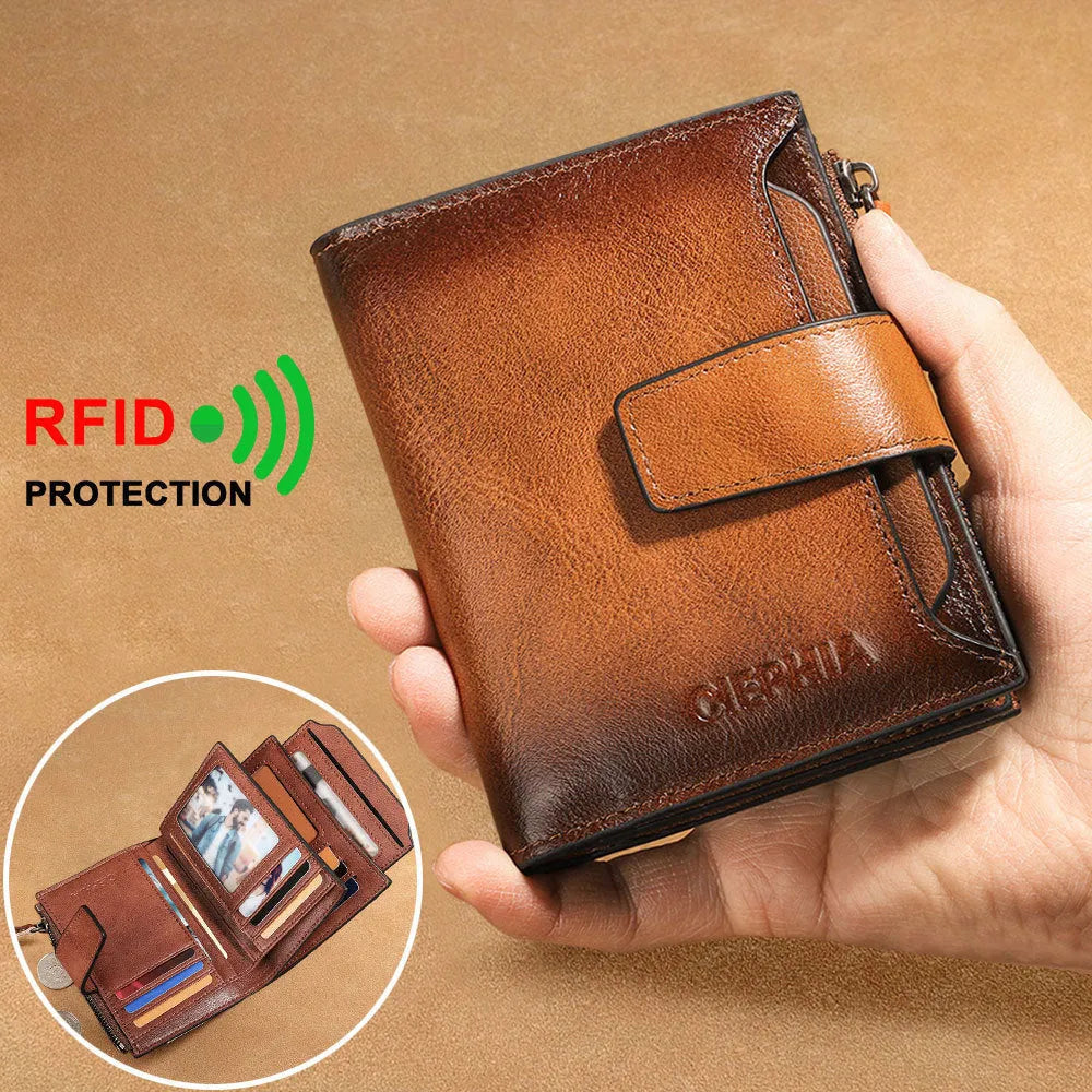 Men's genuine leather wallet in brown with retro stitching, zippered coin purse, and two-fold design