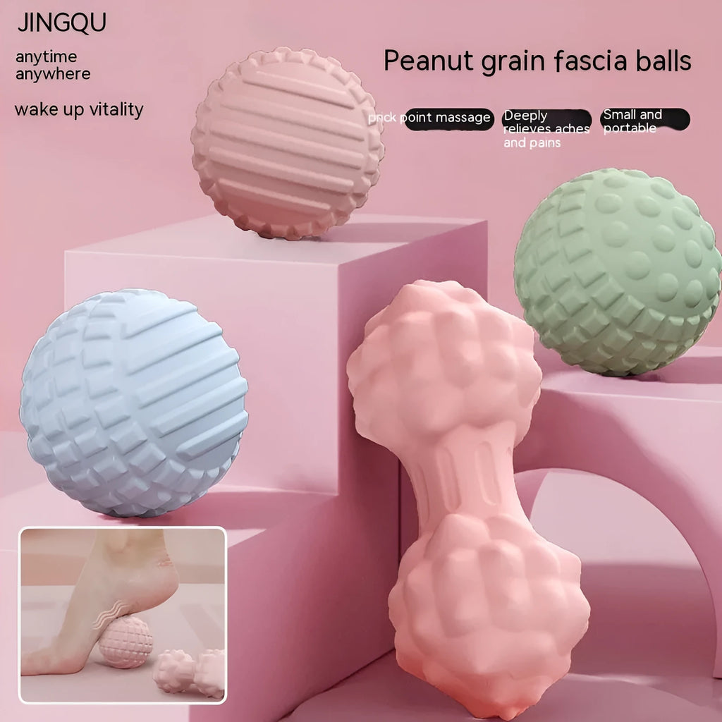 Blue TPR foot massage ball on a wooden floor, 6cm diameter, next to a green peanut ball variant.