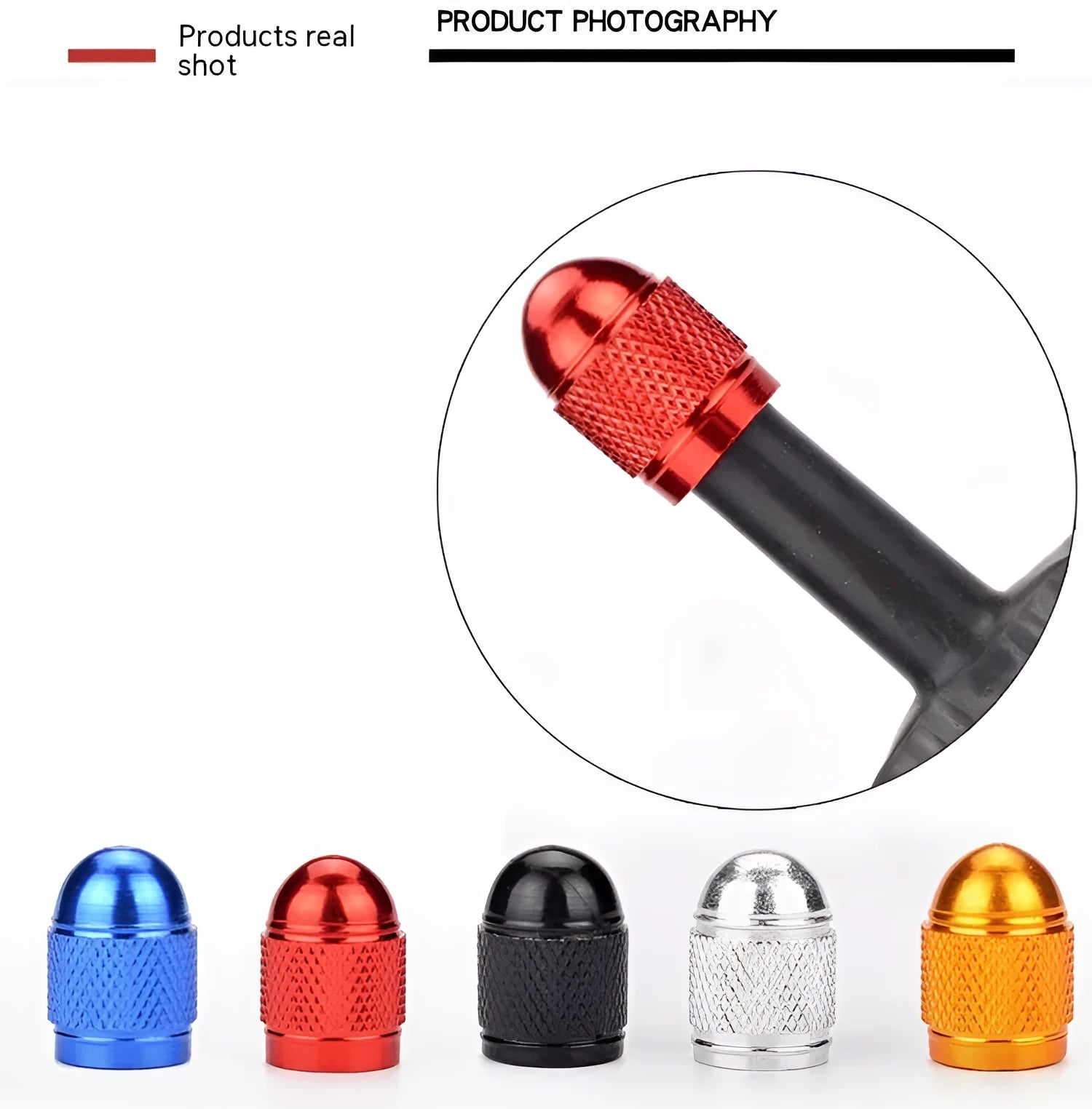 Aluminium alloy mountain bike tyre valve cap shown in five colour options: black, blue, gold, red, silver.