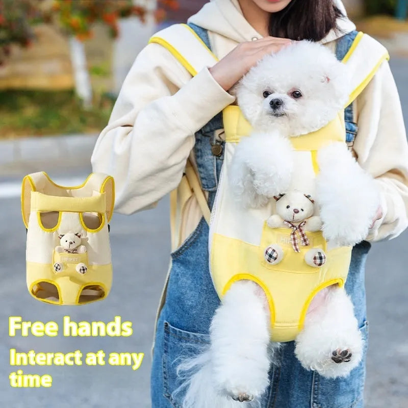 Cartoon pet bag for cats in soft canvas with adjustable ribbon straps and colourful stitching