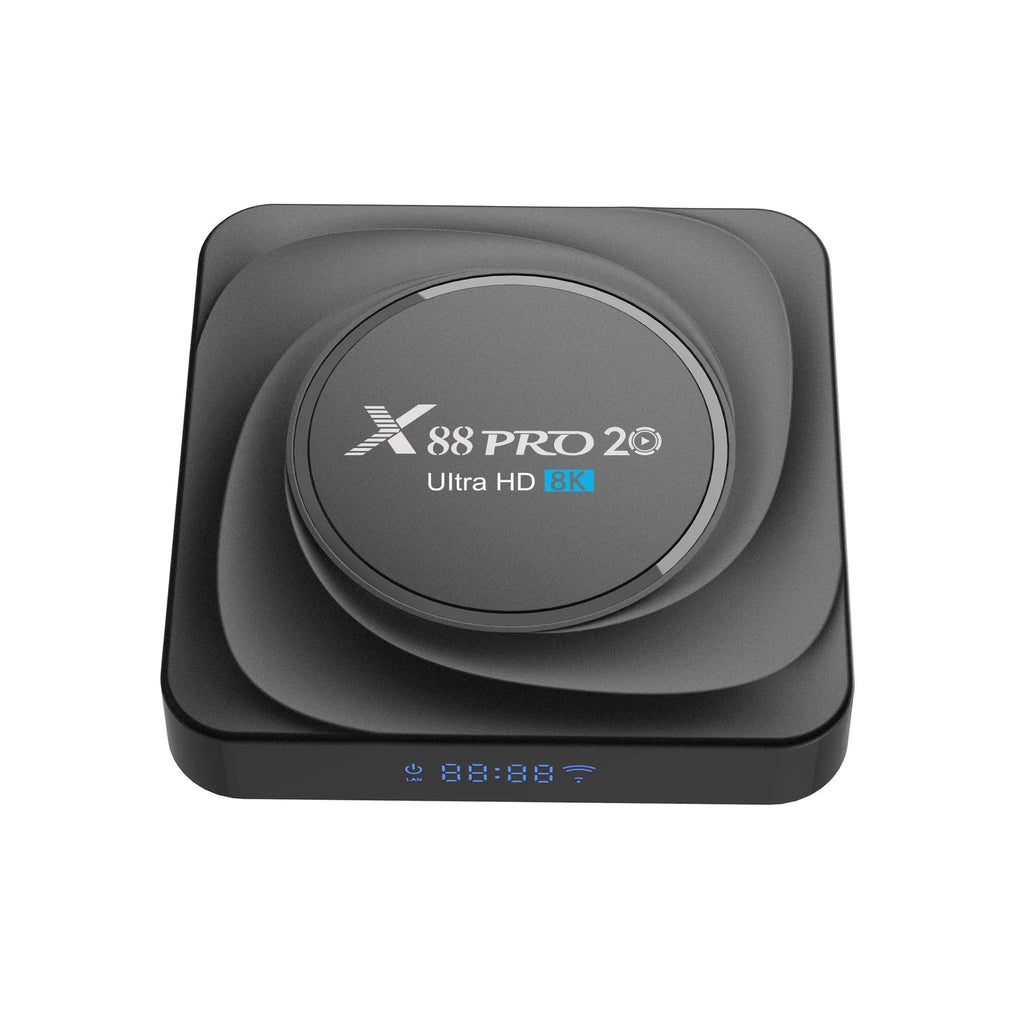 Dual-band WiFi Bluetooth TV box with Android 11.0, HDMI output, infrared remote, and UK power plug