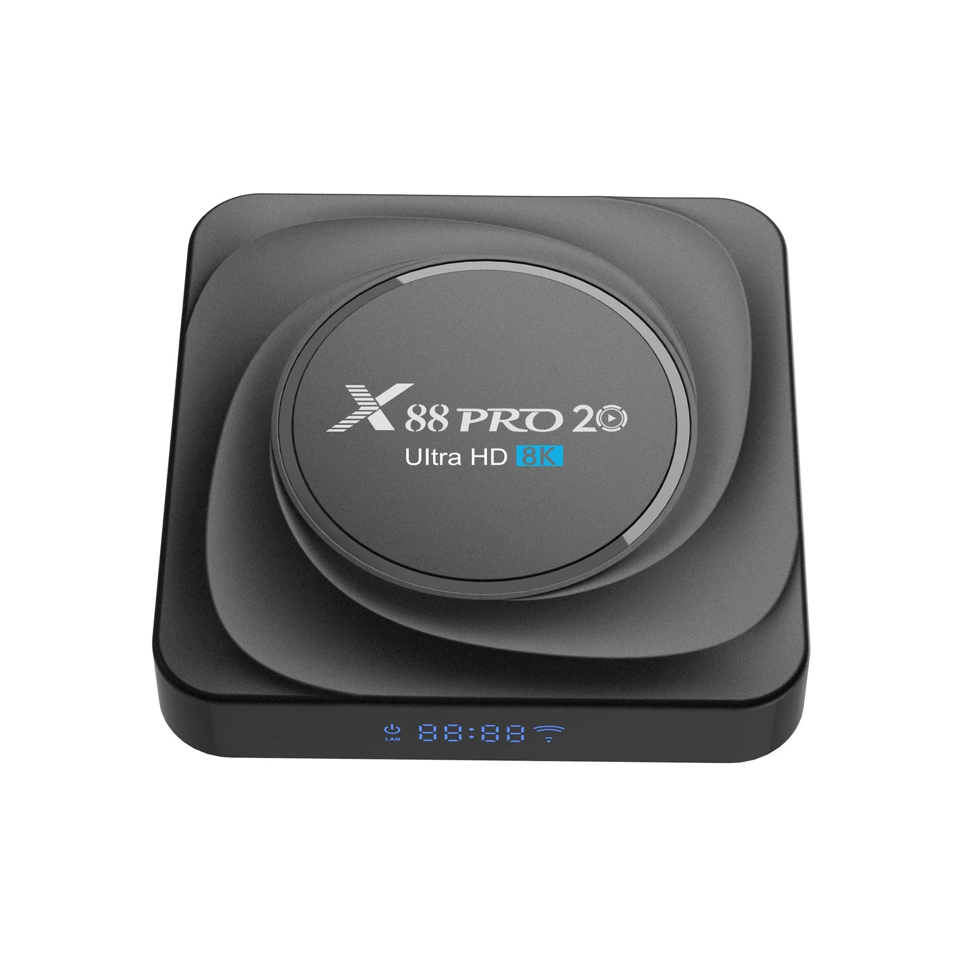 Dual-band WiFi Bluetooth TV box with Android 11.0, HDMI output, infrared remote, and UK power plug