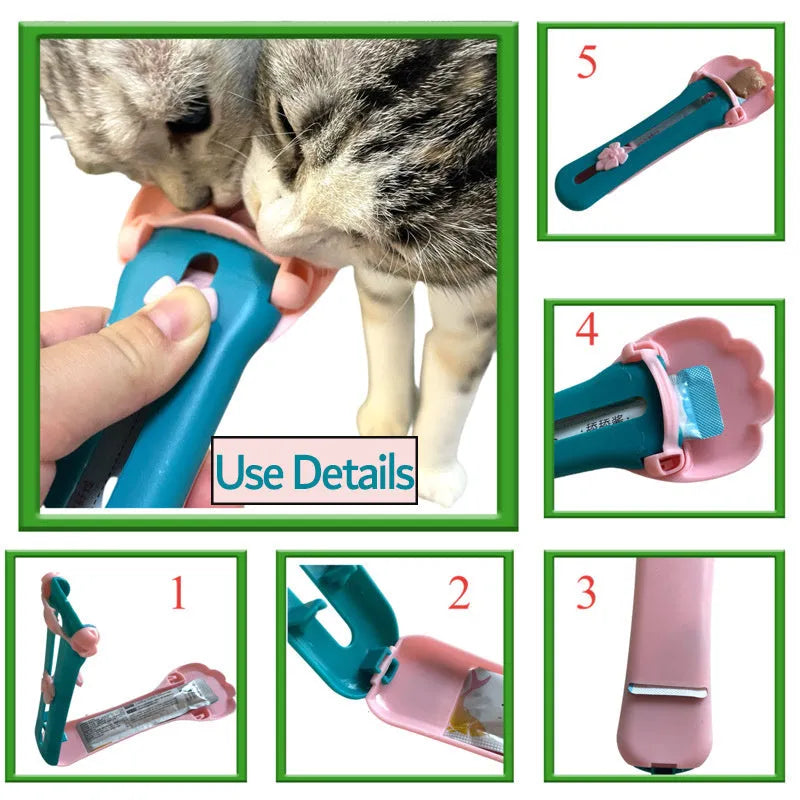 Green pet food scoop with transparent 25 ml chamber and wide handle for dispensing liquid food.