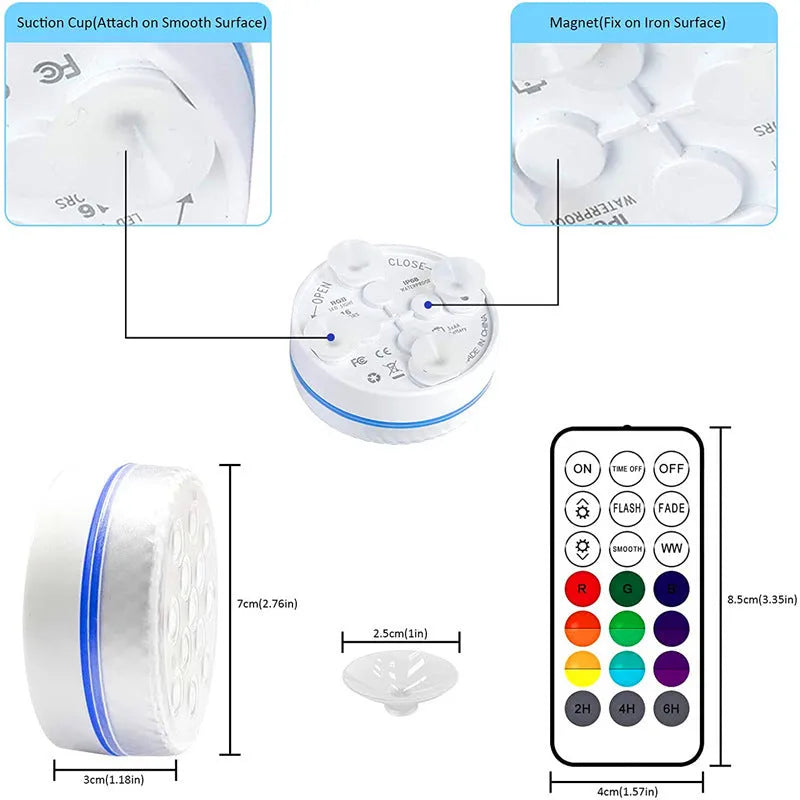 Remote control colour changing diving light with IP68 waterproof rating for pool and garden use