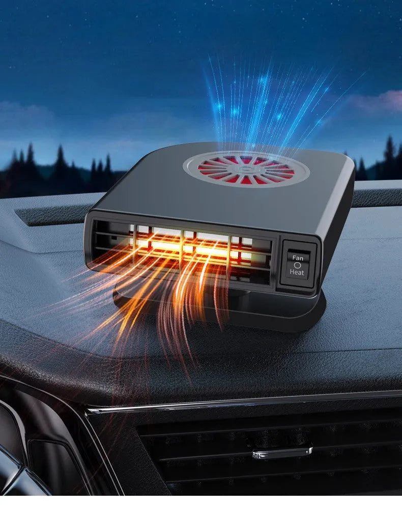 Black compact vehicle-mounted defroster and heater with 360-degree rotation on car dashboard.