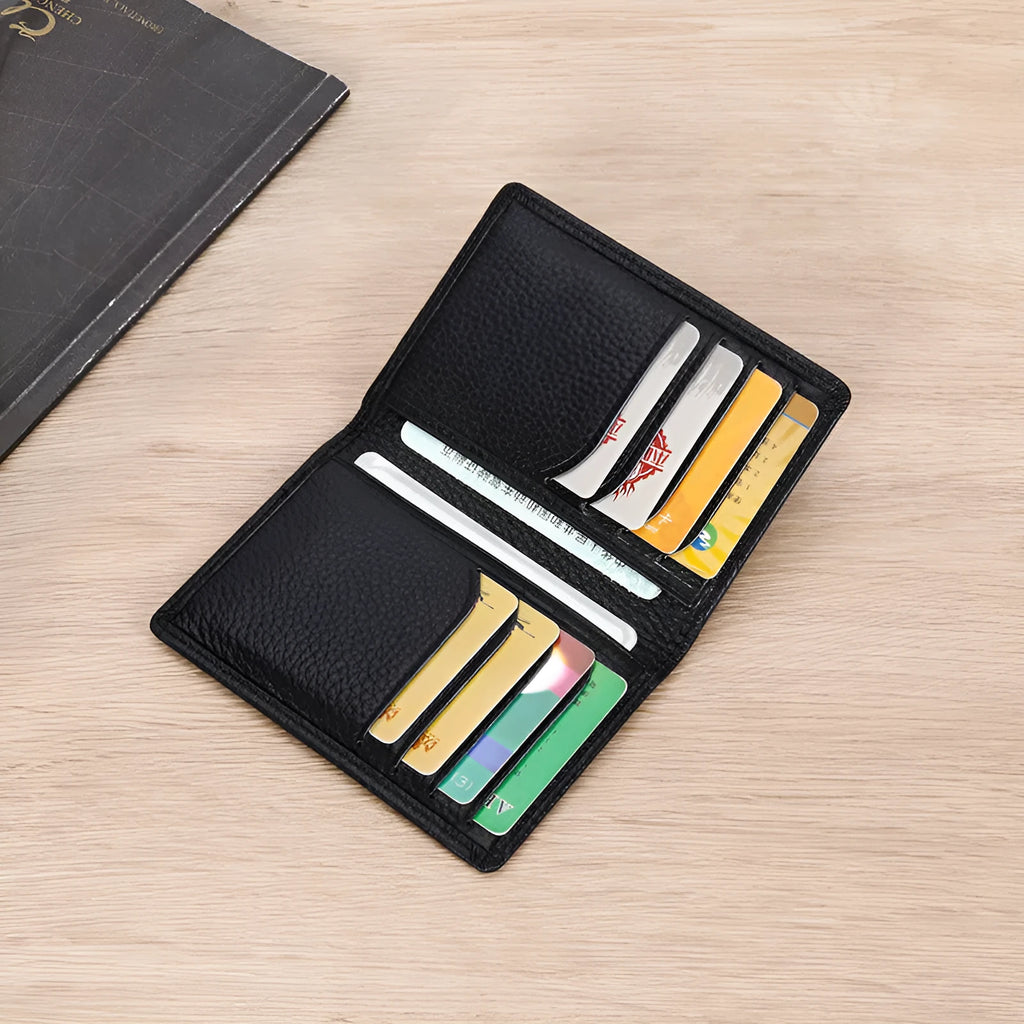 Men's genuine cowhide leather credit card holder in black with solid pattern