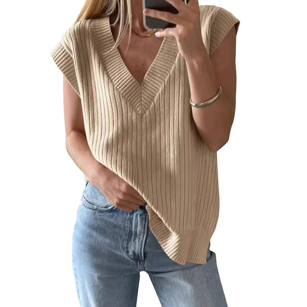 Women's v-neck sleeveless loose pullover vest in camel colour with striped pattern