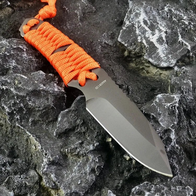 Outdoor camping survival knife with 80mm sanded 5Cr15 blade and rope handle