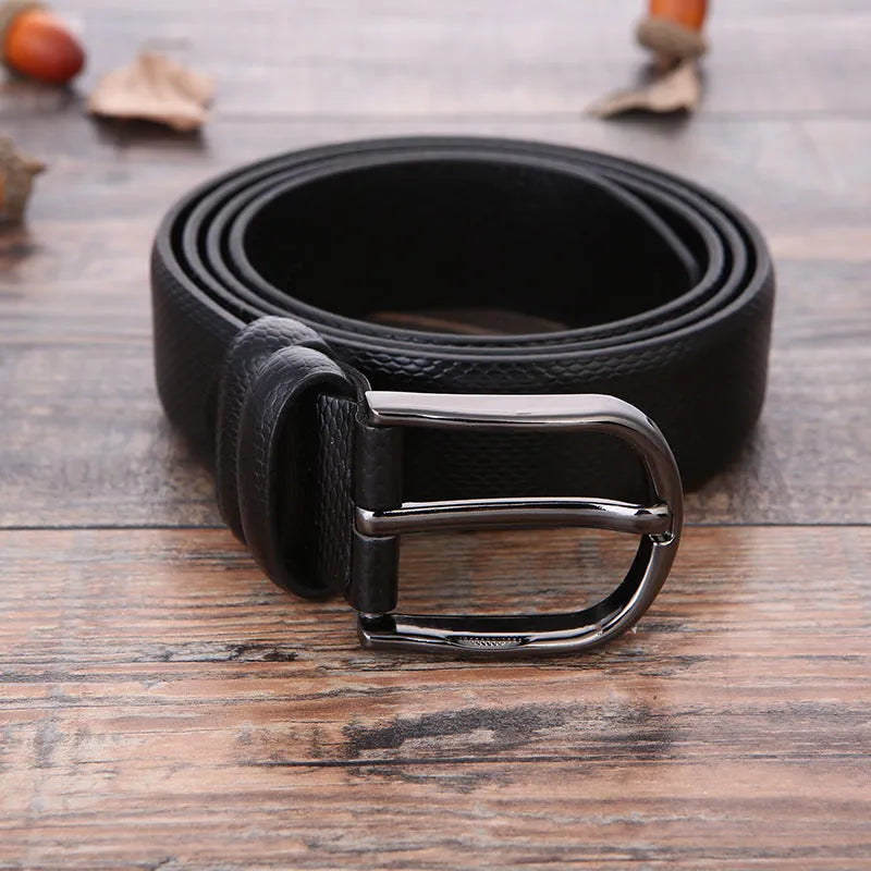 Men's belt with alloy pin buckle, imitation leather strap, elephant pattern black, electroplated finish
