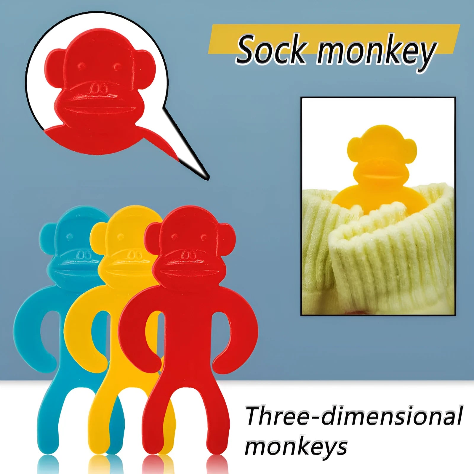 Plastic socks storage clips in blue, red, and yellow colours for laundry organisation