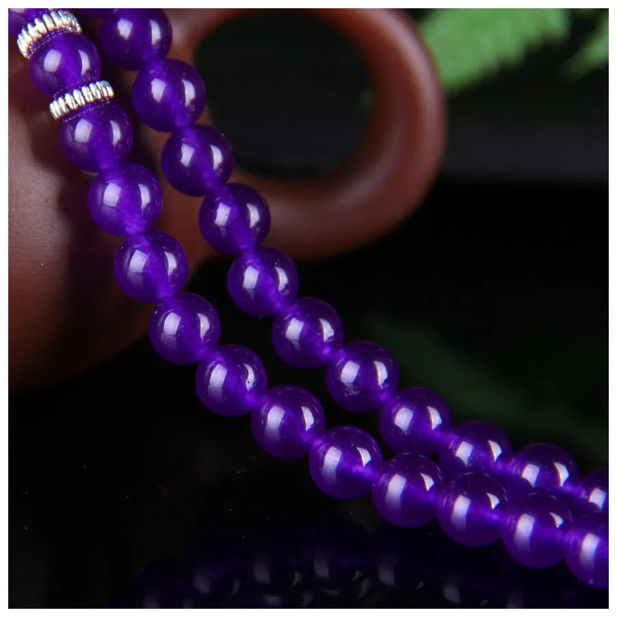 Natural purple chalcedony crystal bracelet with three circles of beads, women's ethnic style jewellery
