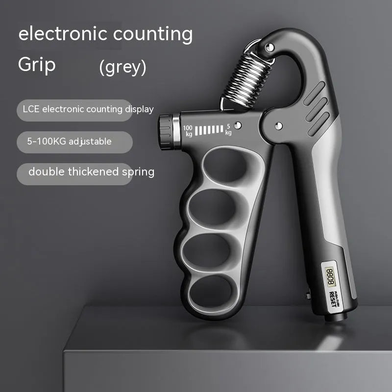 Adjustable electronic counter spring grip in orange colour with digital display.