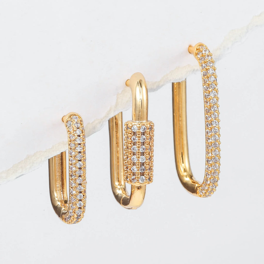 Geometric three-piece ear clip set with micro inlaid zircon detailing on copper in gold and white colour options
