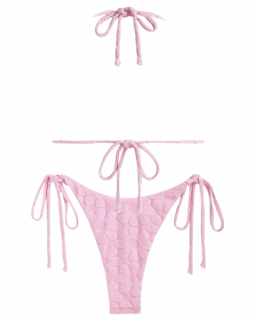 Women's solid colour backless high elasticity bikini set in light yellow, pink, light blue, light purple on a beach