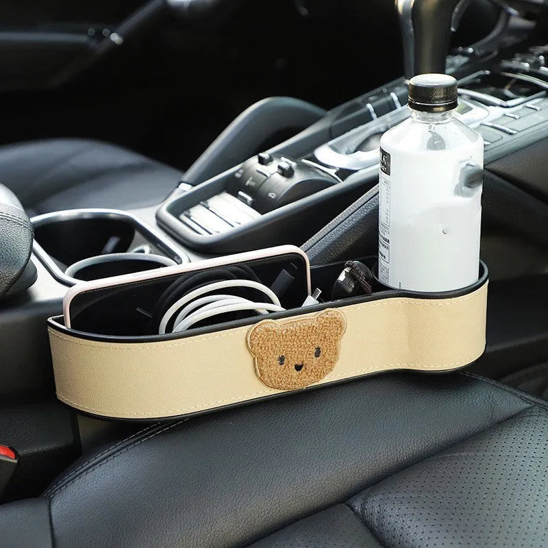 Cartoon bear design car seat gap storage box in leather for organising phones and sunglasses