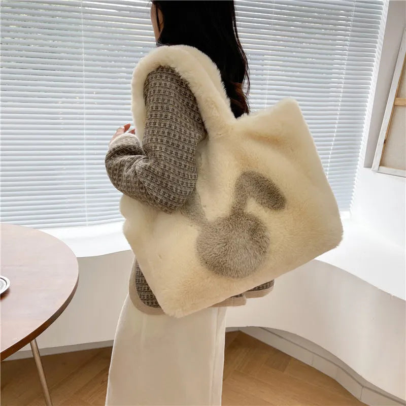 Plush cartoon rabbit ears shoulder bag in solid colour with large tote capacity