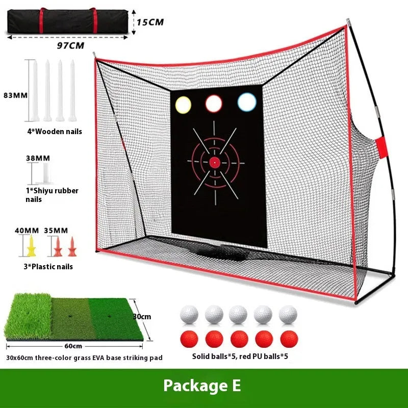 Golf swing wedge training net with 3-hole cross target, foam practice mat, and coloured practice balls