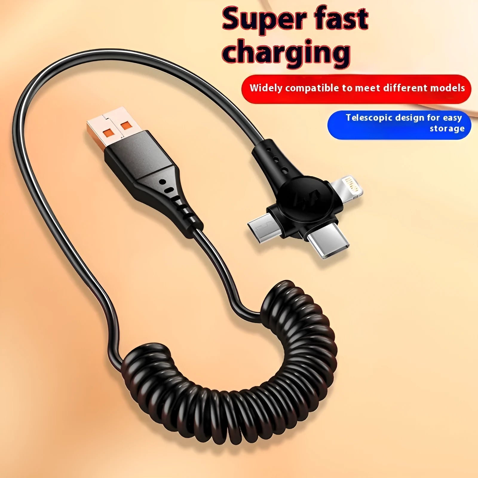 Super fast charge spring telescopic three-in-one data cable 1.5m TPE black with Type-C, Lightning, and Micro USB connectors