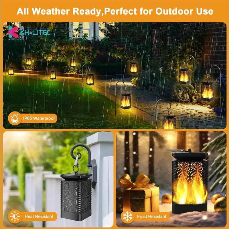 Black solar-powered LED hanging torch light with flickering flame effect for outdoor garden decoration.