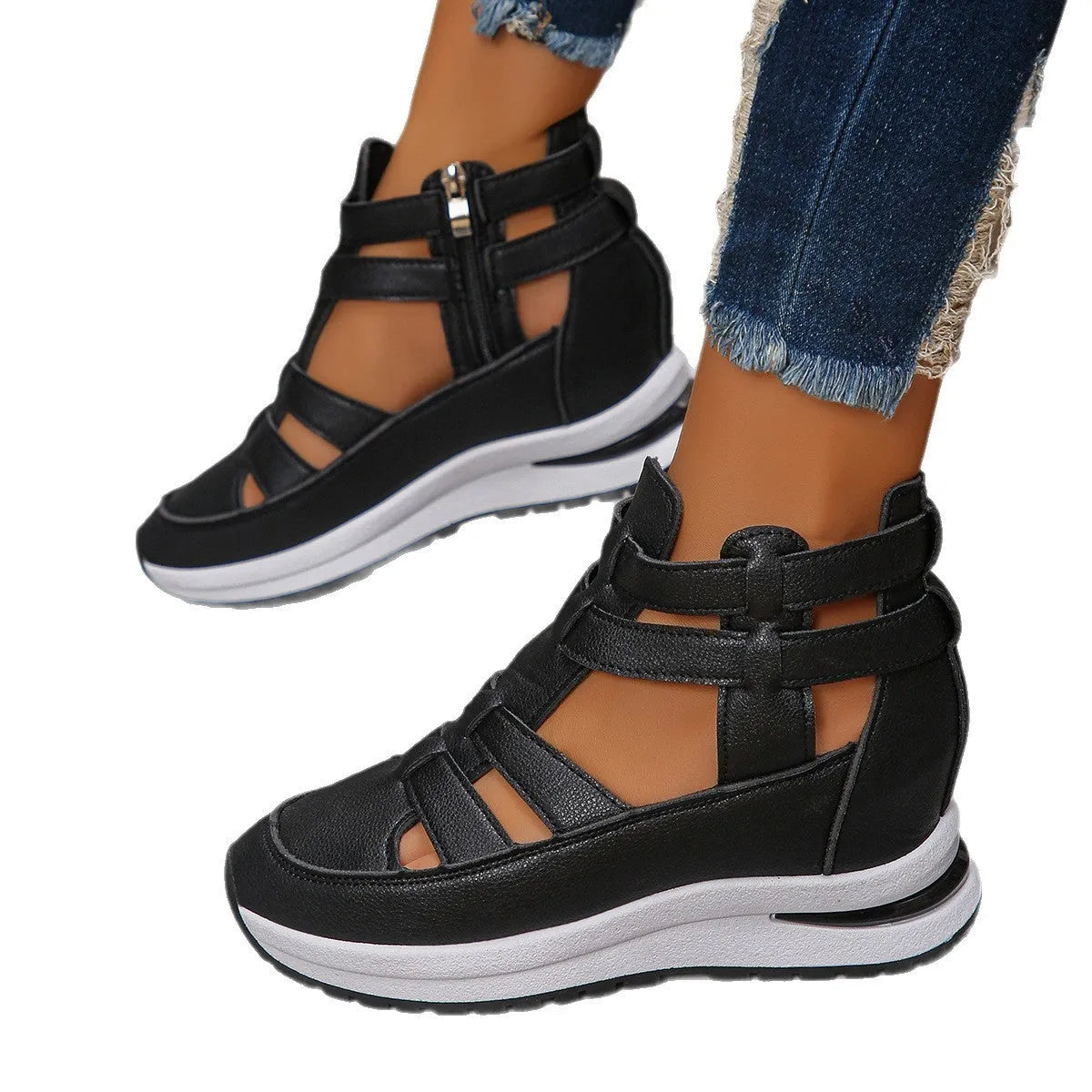 Women's black close-toed platform sandals with hollow-out design and Velcro strap.