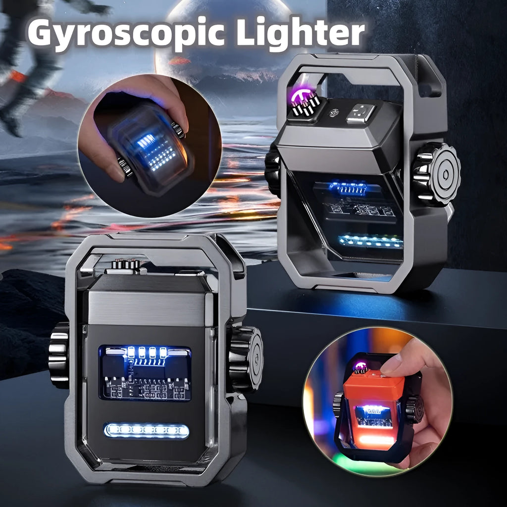 Zinc alloy double arc windproof electric lighter with rotary gyroscope in black nickel brushed finish, folding fuselage, Type-C charging port