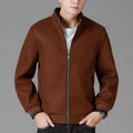 Men's grey polyester fleece autumn jacket with zip pockets, shown on a hanger.