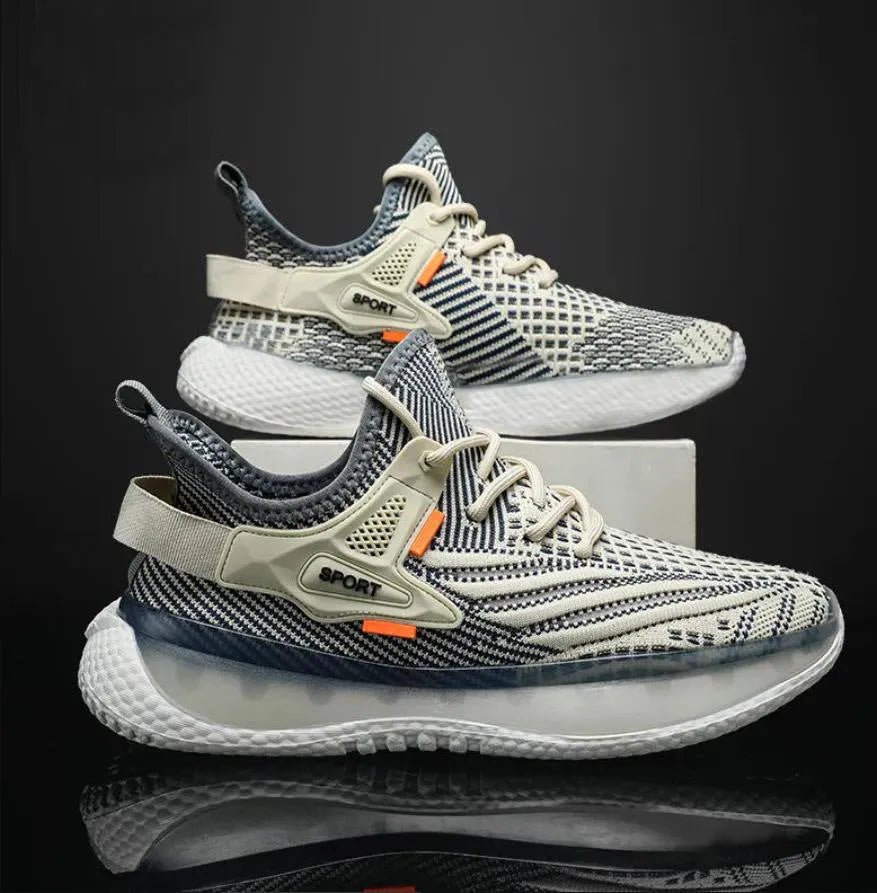 Men's white woven mesh platform sneaker with a flat rubber sole and round toe on a grey background.