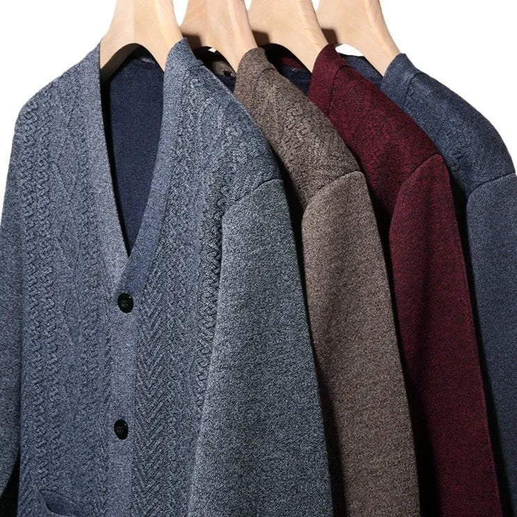 Men's striped cardigan sweater in brown with long sleeves and a wool lining.