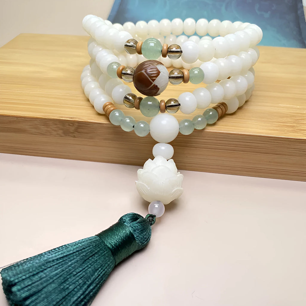 White Jade Bodhi beaded bracelet with 108 beads in unisex design, showing size and style options.