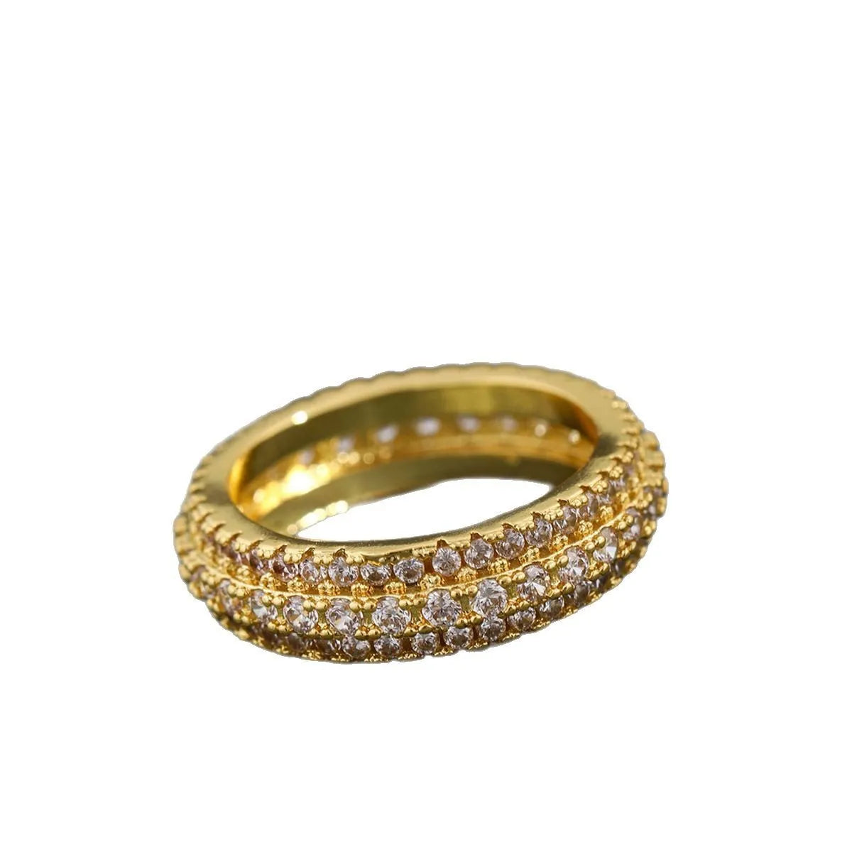 Geometric copper ring with triangular zircon stone and gang drill pattern on band.