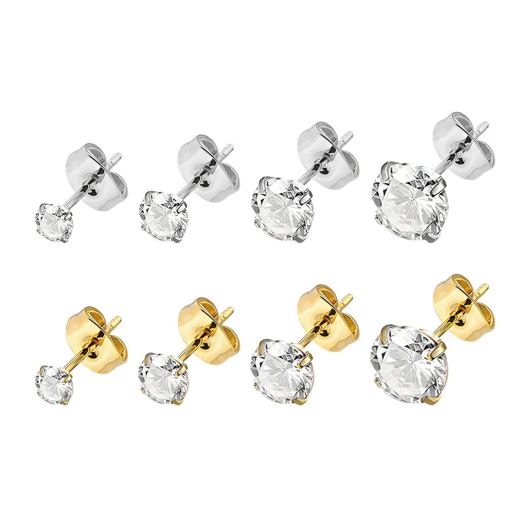 Geometric square zircon stud earrings in gold or steel finish with 2mm to 8mm size options