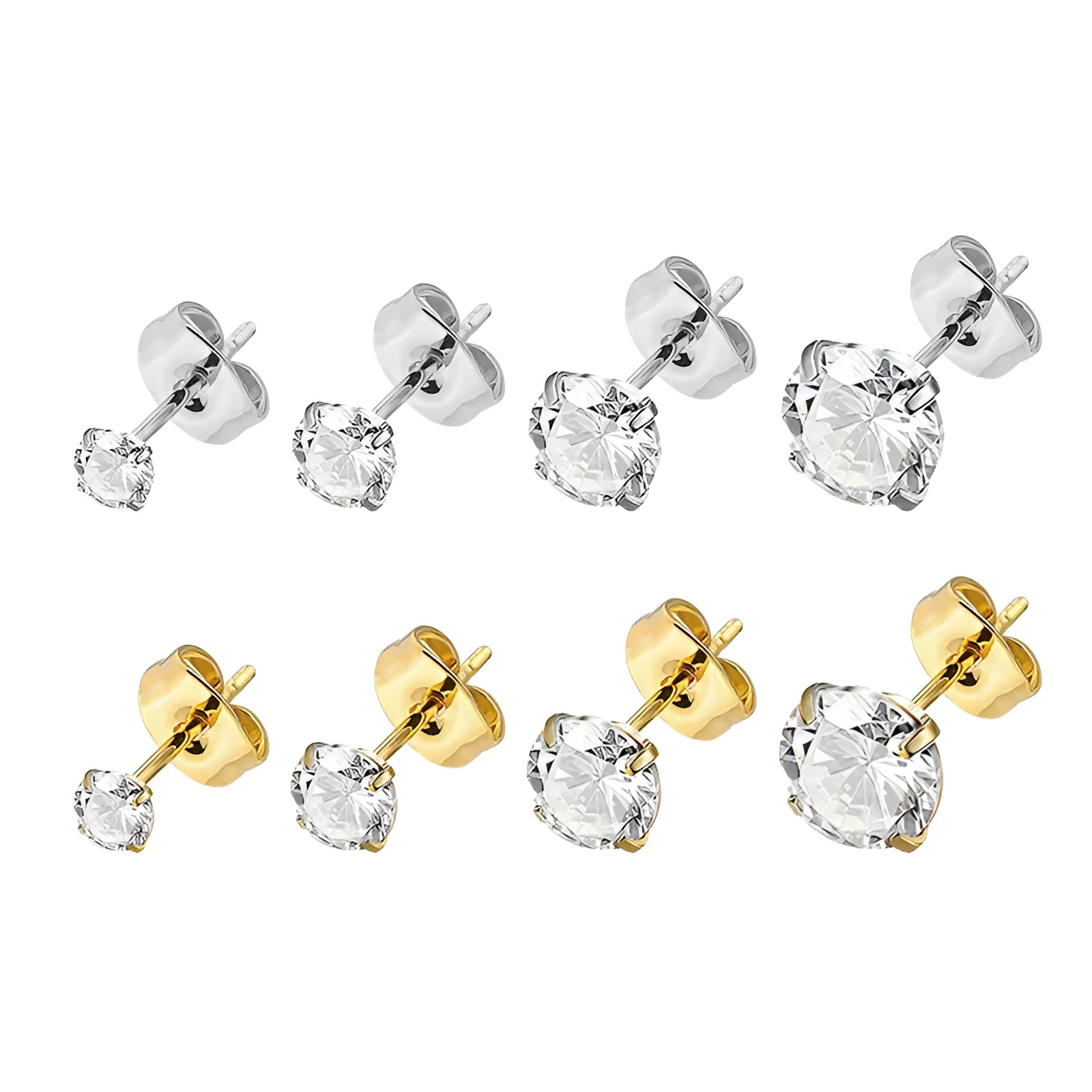 Geometric square zircon stud earrings in gold or steel finish with 2mm to 8mm size options