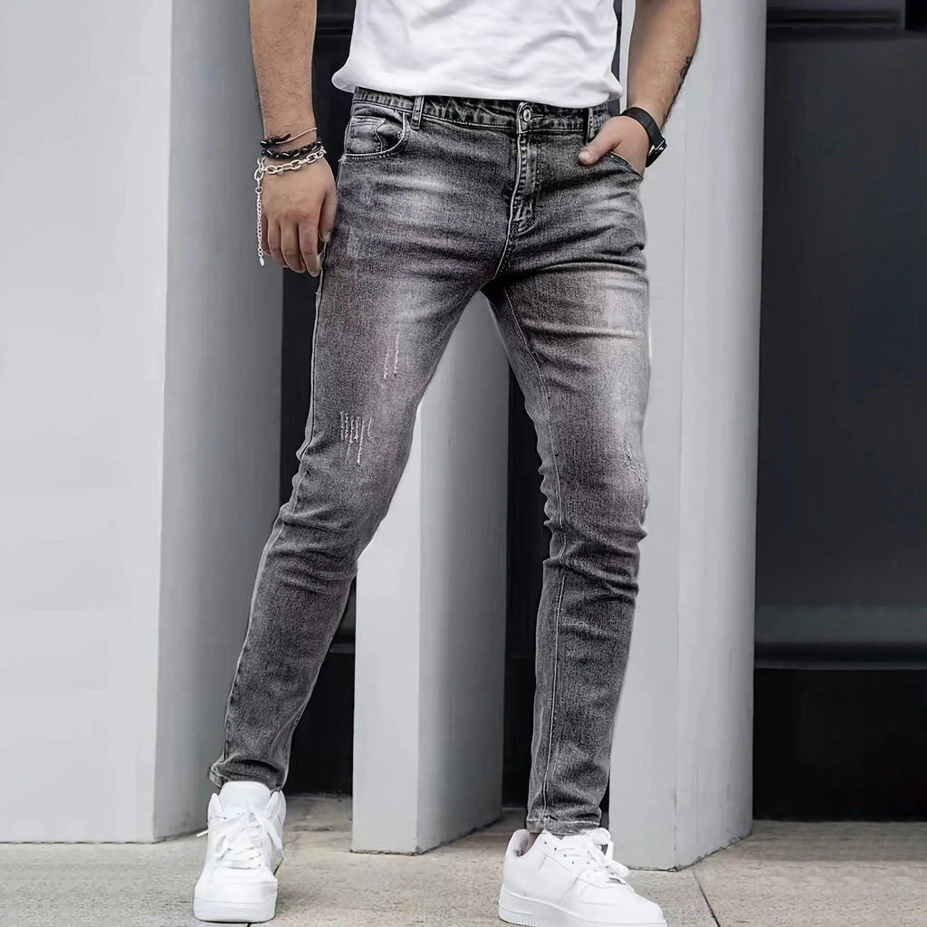 Stretch men's casual solid colour jeans in black – high elasticity cotton-spandex straight leg with zip fly and mid waist