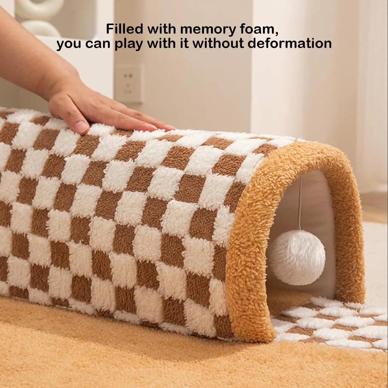 XL 80cm plush dog cat bed with tunnel and fan-shaped sleeping area in coffee plaid