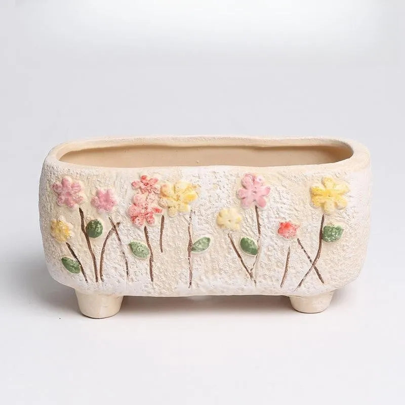 Rectangular hand-painted ceramic flower pot for succulents, 13.7x6.2x6.5cm, with decorative raised design