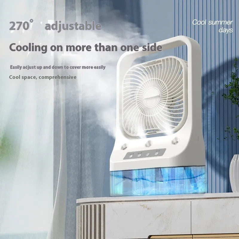 White USB rechargeable cooling fan with three spray nozzles, 270-degree adjustable head, and night light on a desk