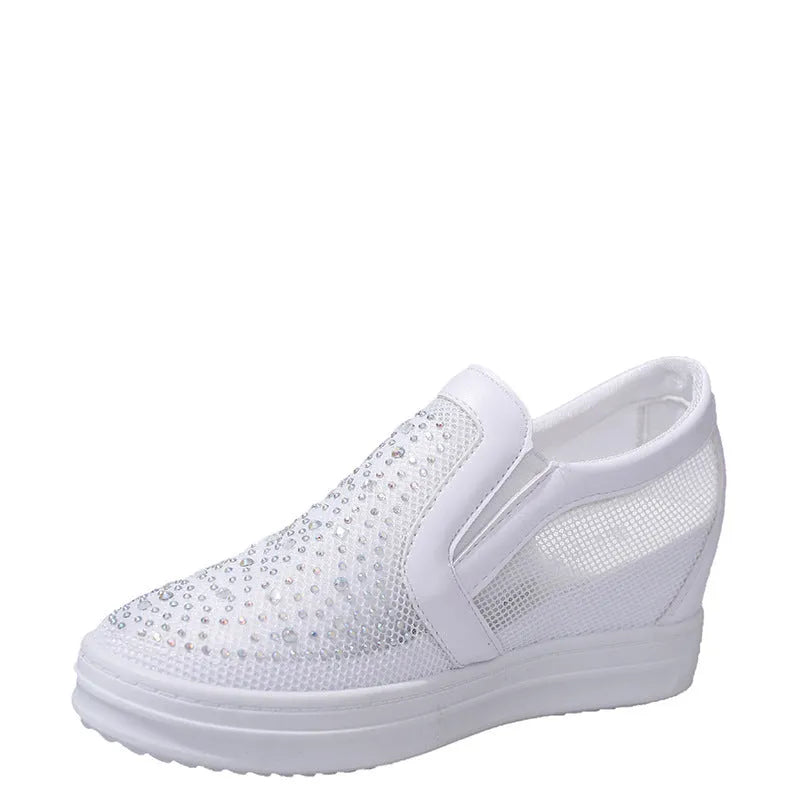Women's breathable mesh wedge slip-on shoes with rubber sole in white and black, sizes 35-40