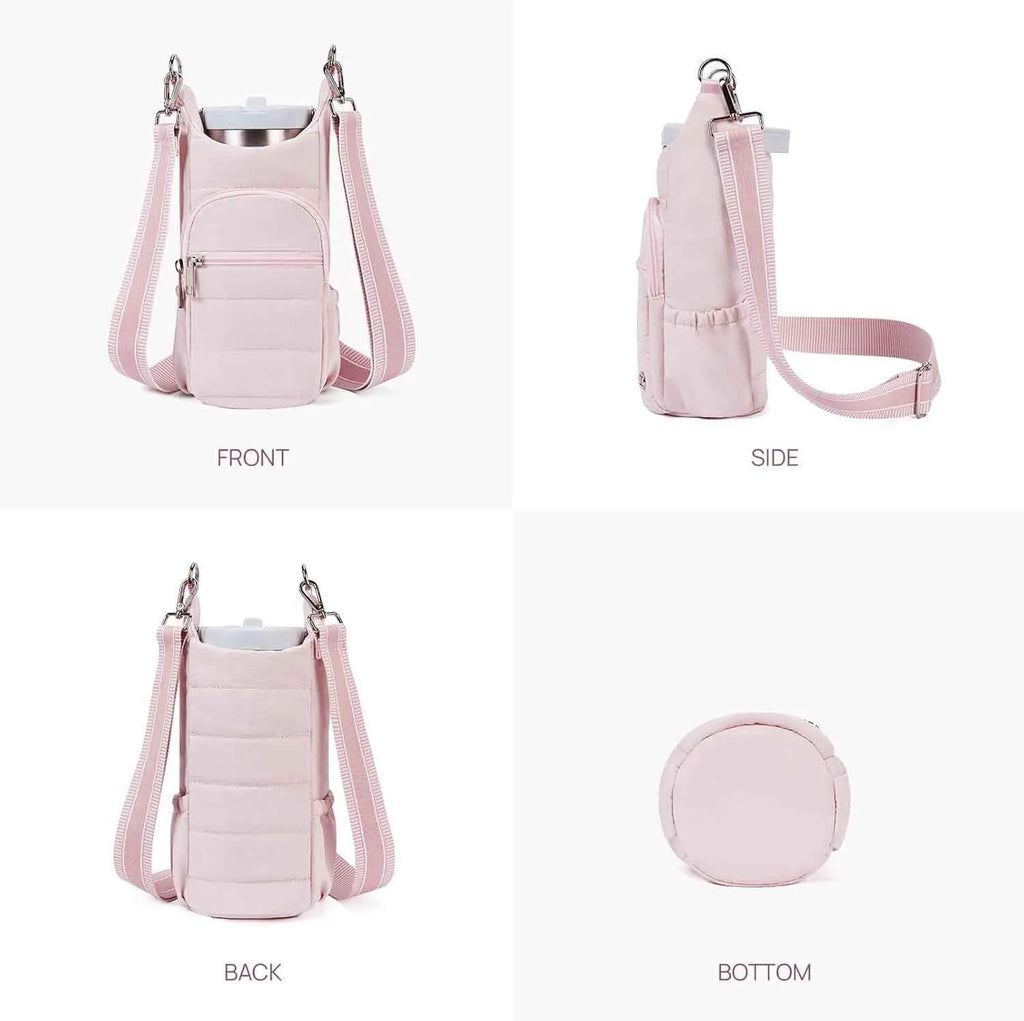 Bicycle water bottle bag in black, pink or beige colours with cloth construction and handlebar mount