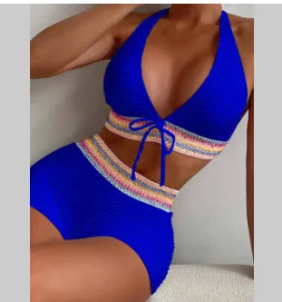 Solid colour polyester bikini split two-piece suit for women, available in navy blue, olive green, blue, and orange red