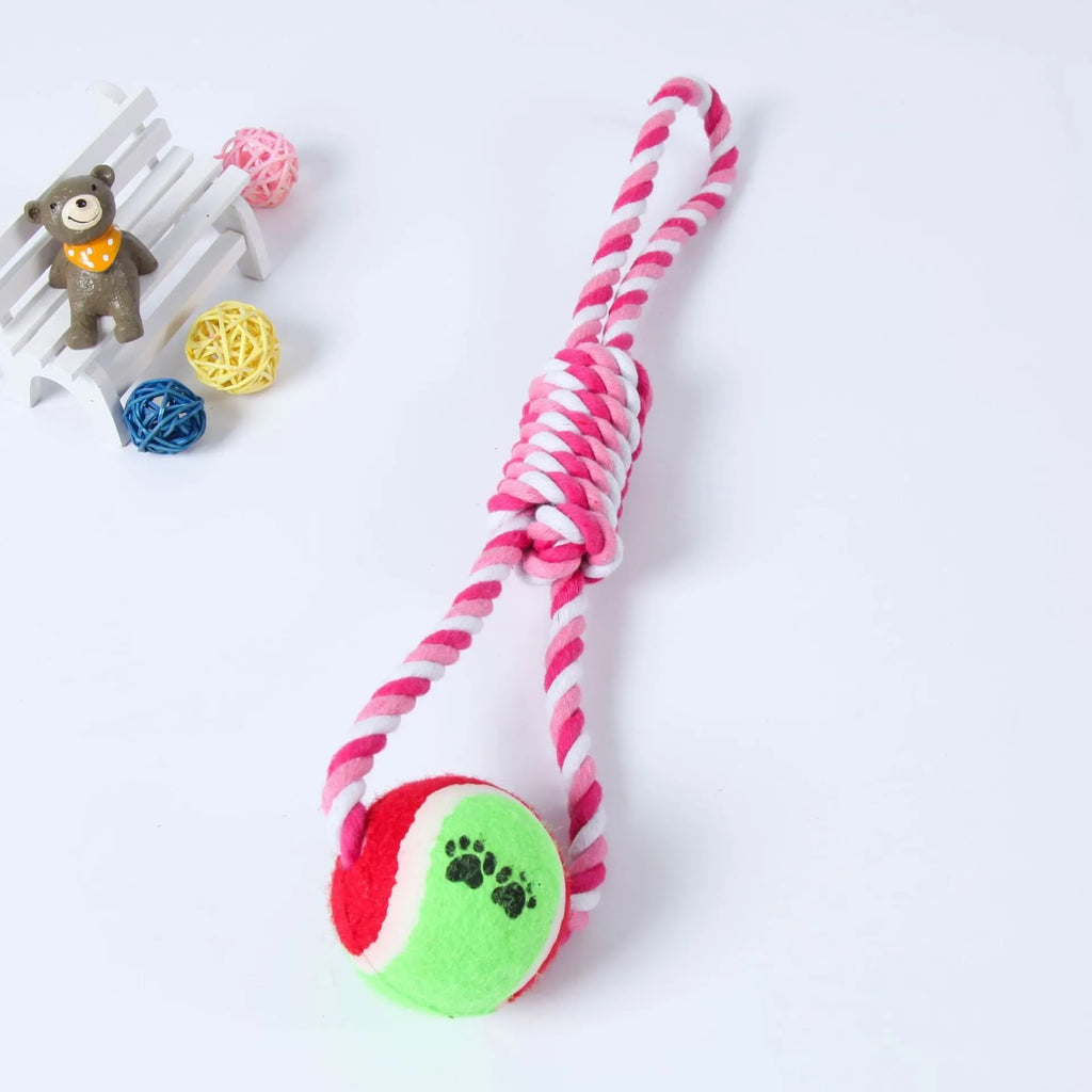 Red and white cotton rope dog toy approximately 38cm long for medium and large breeds