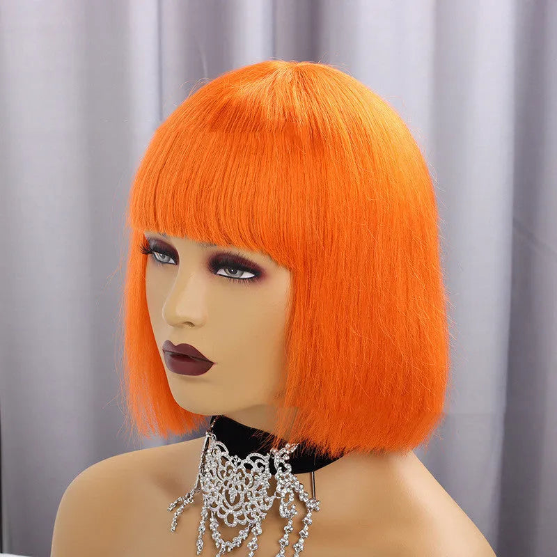 Real hair short straight wig with Qi bangs and full mechanism cap in 10 inch length on a mannequin head