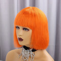 Real hair short straight wig with Qi bangs and full mechanism cap in 10 inch length on a mannequin head