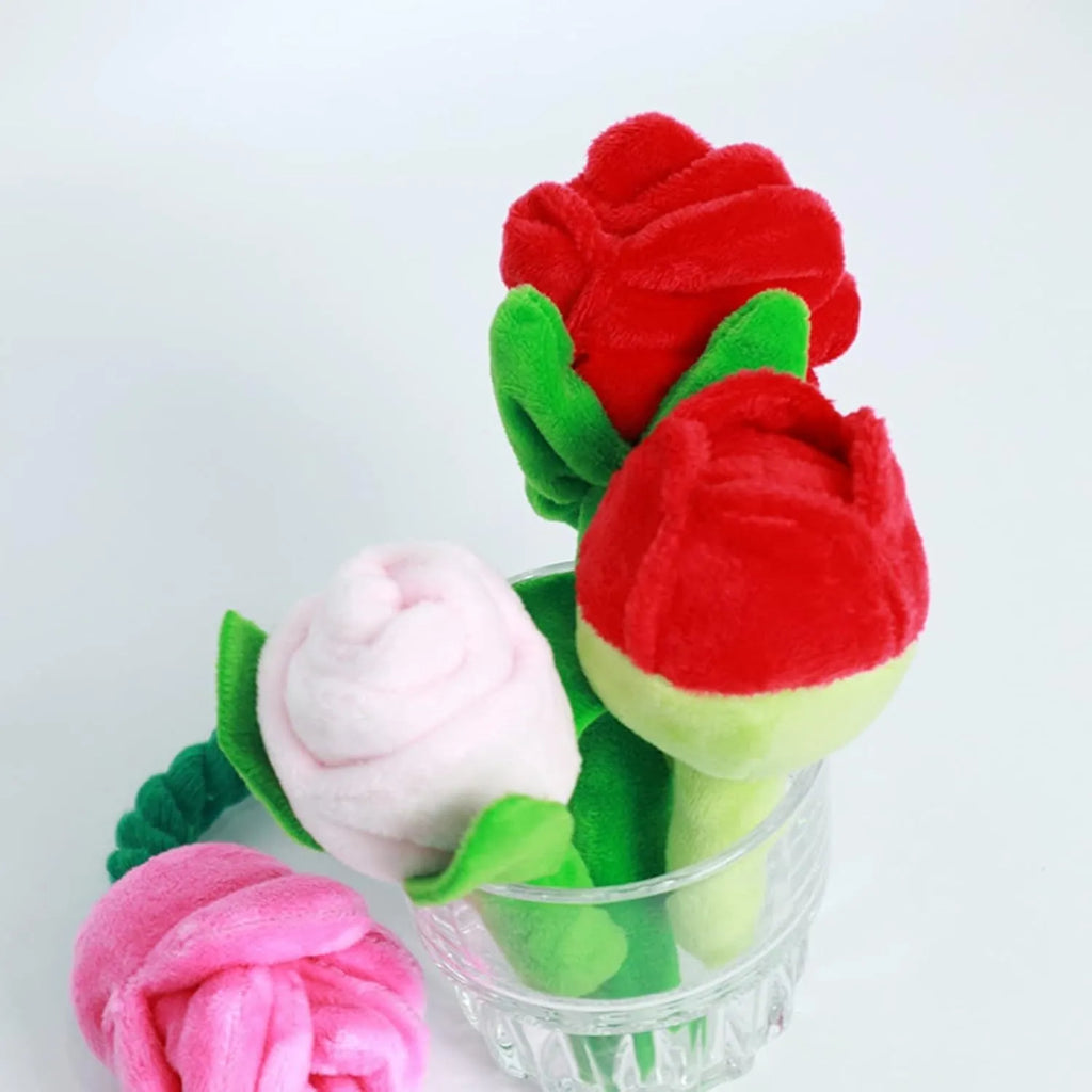 Chew-resistant plush rose flower dog toy with squeaker for small dogs and puppies, soft plush material