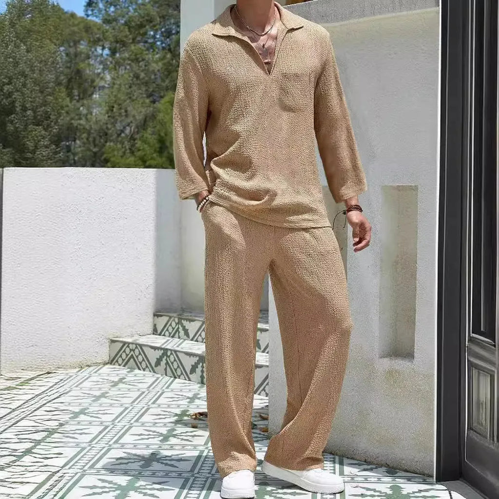 Men's casual shirt and trousers suit in polyester fabric, shown in one of four colours: lake blue, khaki, black, or caramel.