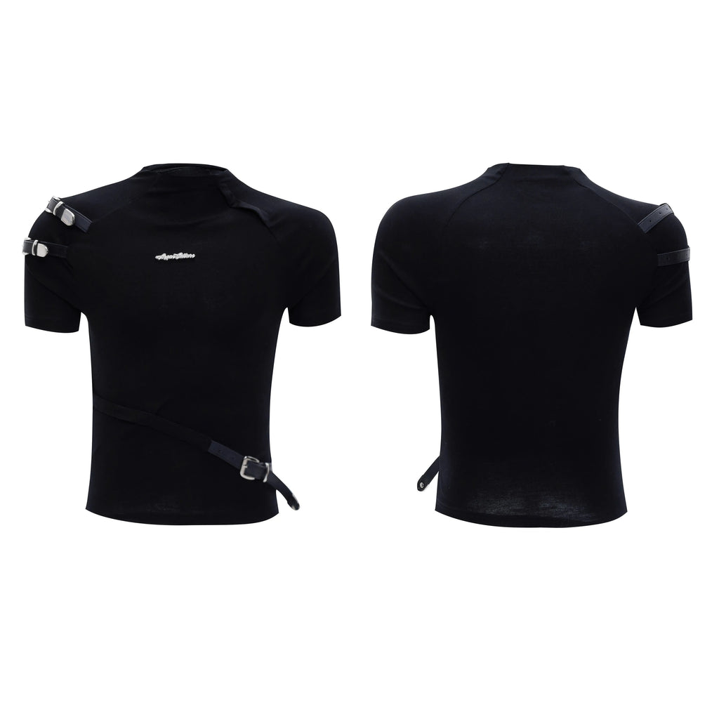 Men's black cotton t-shirt with stand-up collar featuring metal accessories