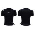 Men's black cotton t-shirt with stand-up collar featuring metal accessories