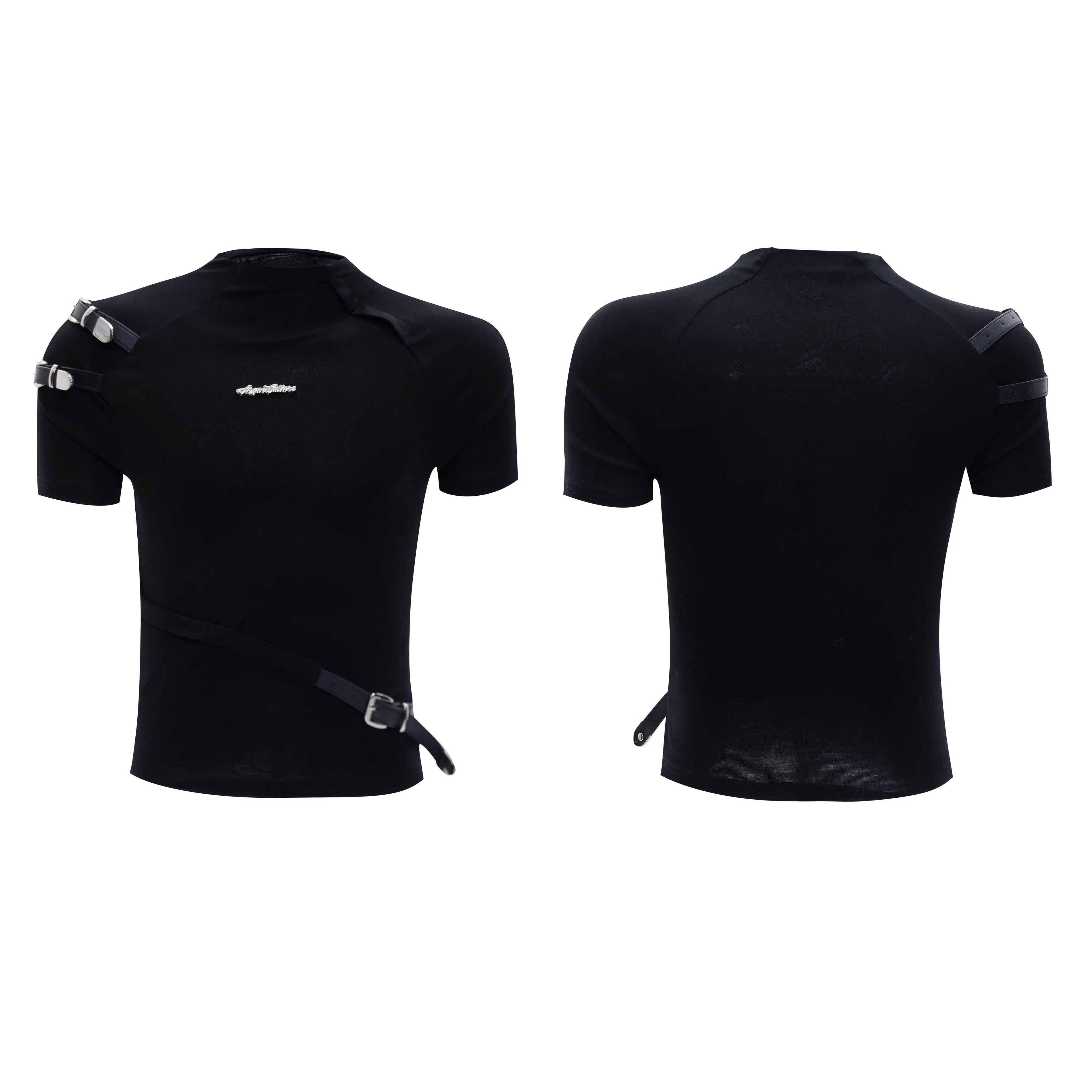 Men's black cotton t-shirt with stand-up collar featuring metal accessories